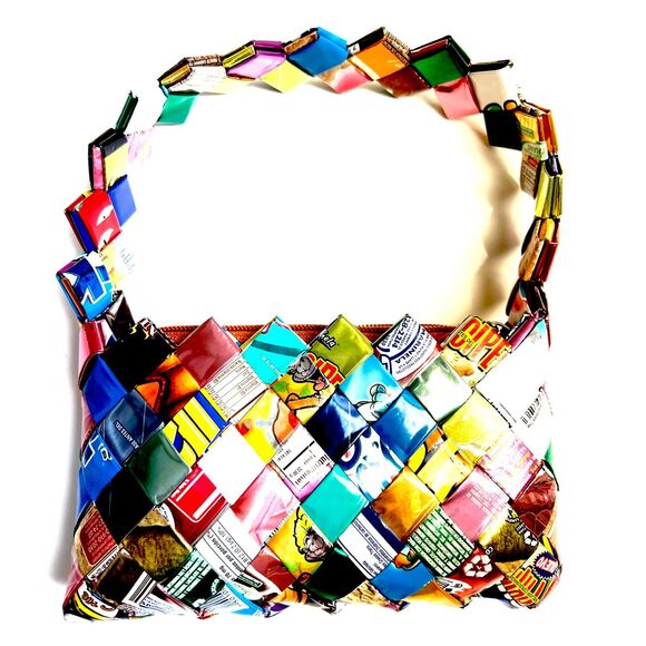 Mexican multi-colored recycled candy wrapper mini shoulder bag - Picture 1 of 8